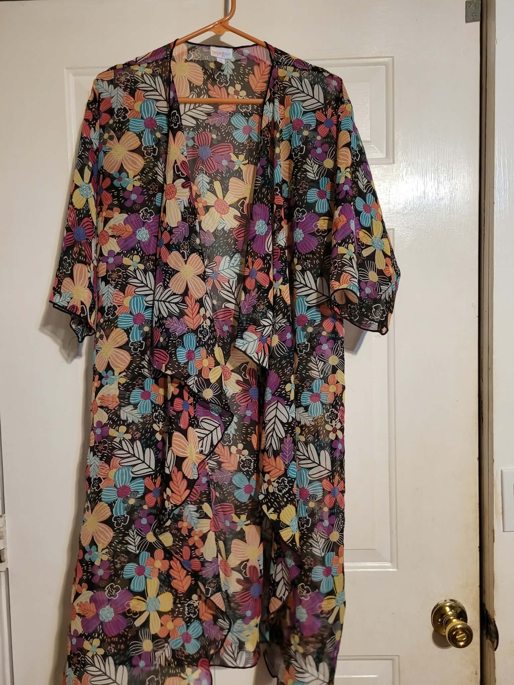 LuLaRoe Black Sheer Floral Long Kimono with Multicolor Blooms